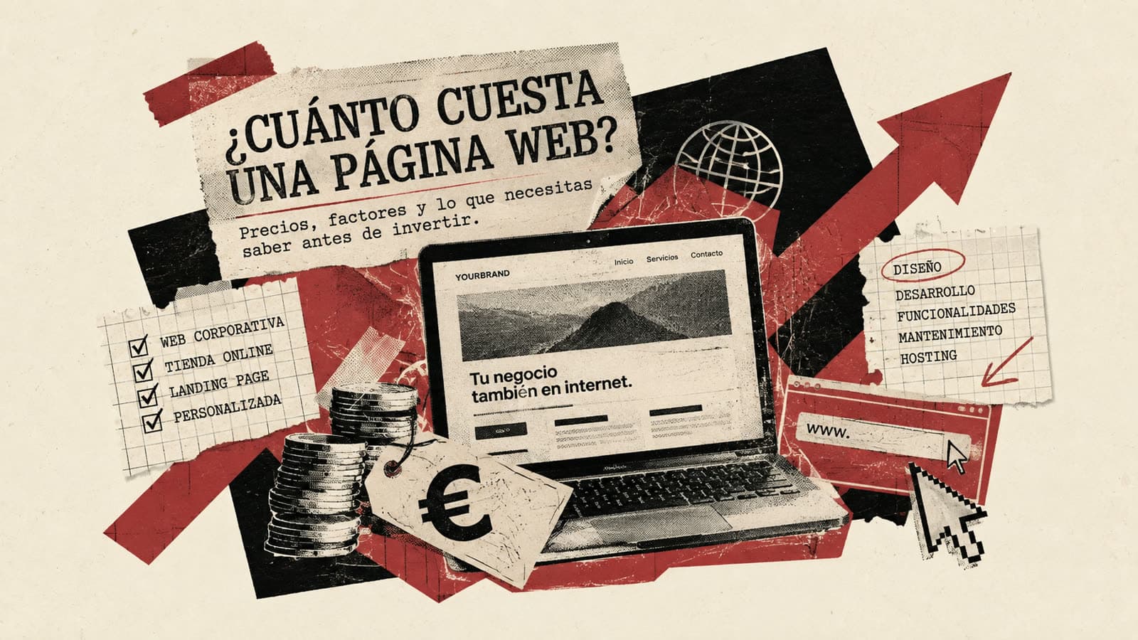 Collage editorial sobre el precio de una página web: un portátil con una web abierta, monedas con una etiqueta de euro y una lista de tipos de proyecto